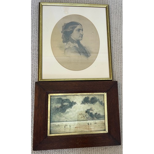 1405 - A pencil drawing of a lady signed A. Grassle 25cm x 20cm sight size,  together with a framed waterco... 