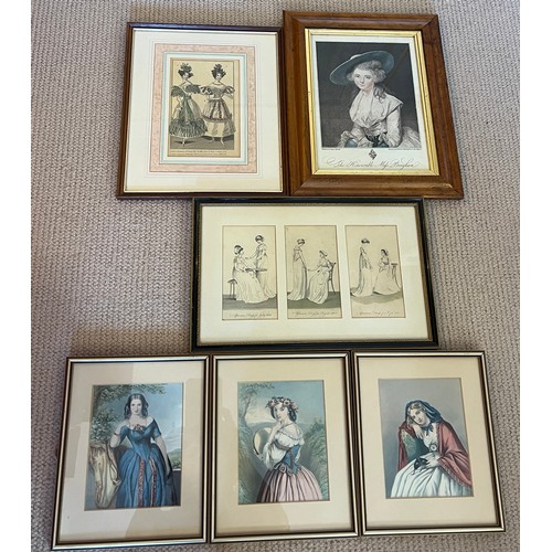 1366 - Six various framed 19thC prints depicting ladies to include three Kronheim prints 15.5cm x 12.5cm an... 