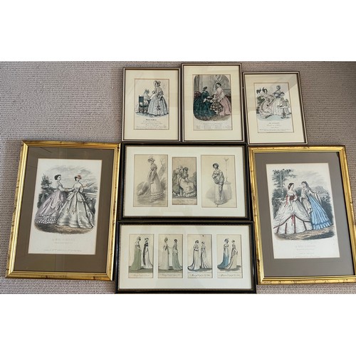 1363 - Seven 19thC framed French fashion prints. Largest frame size 48cm x 36cm.