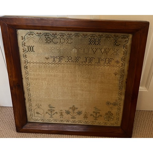 889 - A 19thC framed sampler by M. Farrow aged 15, 1816. 41cm x 39cm.