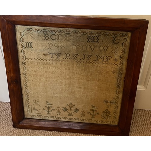 889 - A 19thC framed sampler by M. Farrow aged 15, 1816. 41cm x 39cm.