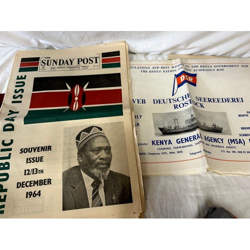 909 - Various newspapers relating to the Kenya 1964, 28 x Dinner Menus S.S. Kenya, Scrap Book containing c... 