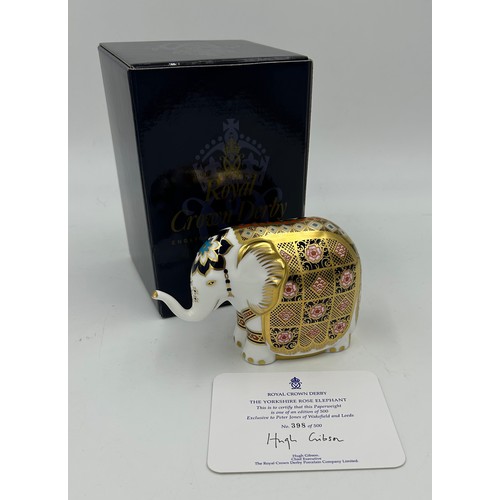 351 - A Royal Crown Derby Yorkshire Rose Elephant paperweight, exclusive to Peter Jones of Wakefield and L... 