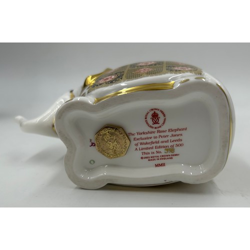 351 - A Royal Crown Derby Yorkshire Rose Elephant paperweight, exclusive to Peter Jones of Wakefield and L... 