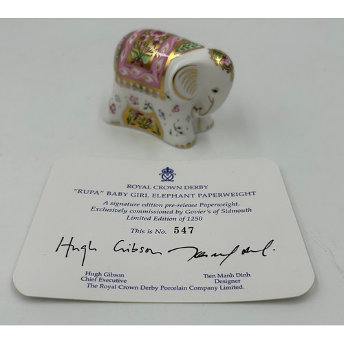 353 - Three Royal Crown Derby limited edition paperweights, 'Rupa' Baby Girl Elephant 547/1250, Garden Sna... 