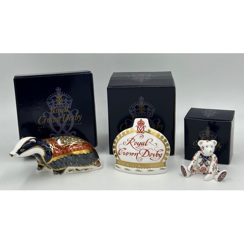 354 - Three boxed Royal Crown Derby paperweights, Moonlight Badger, Teddy Bear, signed to base (unassociat... 