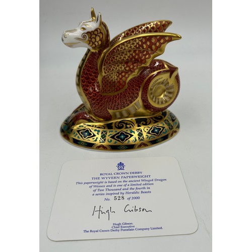 357 - A boxed Royal Crown Derby limited edition The Wyvern paperweight, 528/2000 13cm h. Certificate and g... 