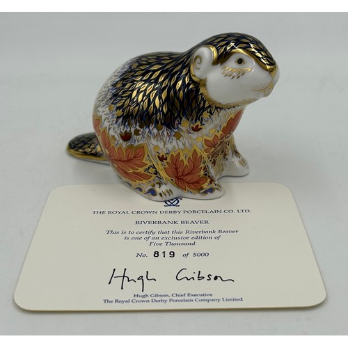 372 - Five Royal Crown Derby Paperweights to include Riverbank Beaver limited edition 819/5000 signed to b... 