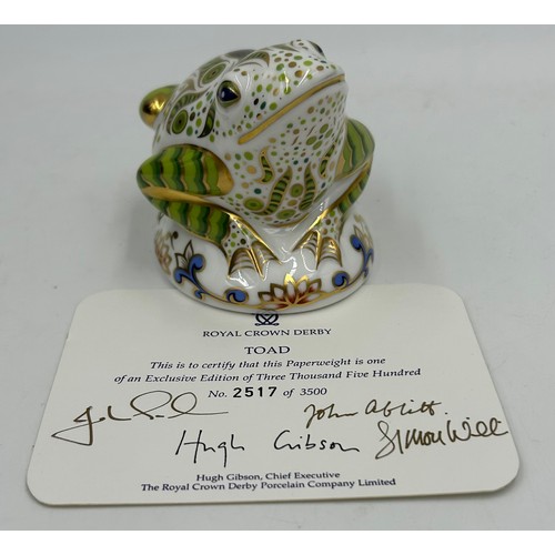 374 - Four Royal Crown Derby Paperweights to include Toad Exclusive edition 2517/3500, Platinum Black Swan... 