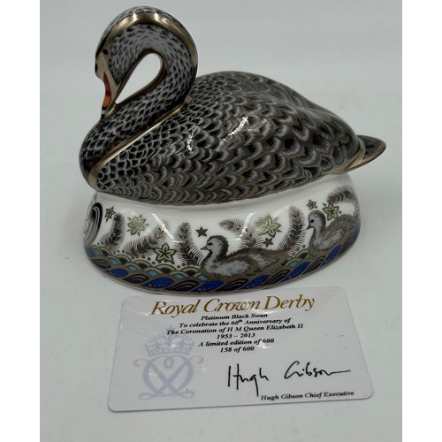 374 - Four Royal Crown Derby Paperweights to include Toad Exclusive edition 2517/3500, Platinum Black Swan... 