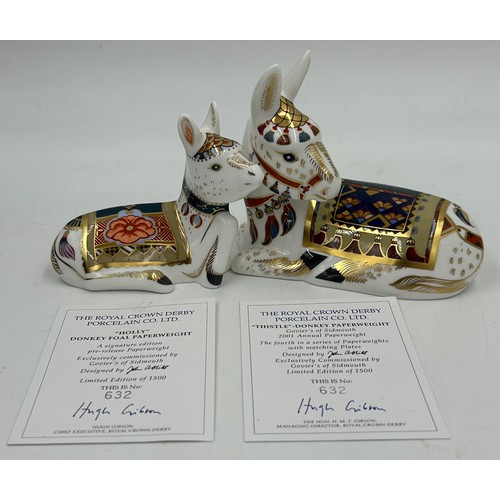 375 - Four Royal Crown Derby paperweights to include Thistle Donkey limited edition 632/1500, Holly Donkey... 