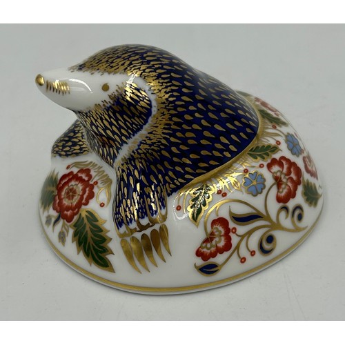 377 - Royal Crown Derby: Wren, Meadow Rabbit and Cockerel all with gold stoppers and boxes, Mole with gold... 