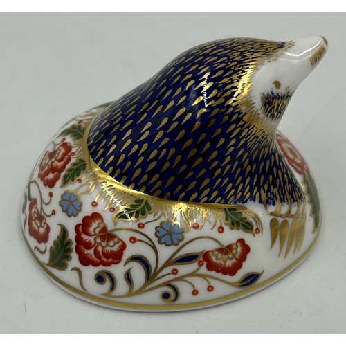 377 - Royal Crown Derby: Wren, Meadow Rabbit and Cockerel all with gold stoppers and boxes, Mole with gold... 