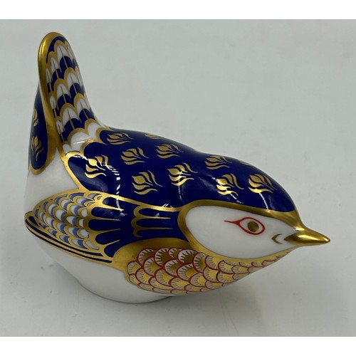 377 - Royal Crown Derby: Wren, Meadow Rabbit and Cockerel all with gold stoppers and boxes, Mole with gold... 