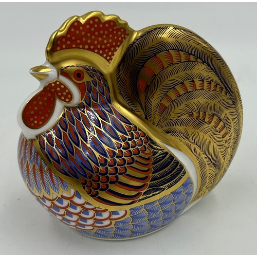 377 - Royal Crown Derby: Wren, Meadow Rabbit and Cockerel all with gold stoppers and boxes, Mole with gold... 