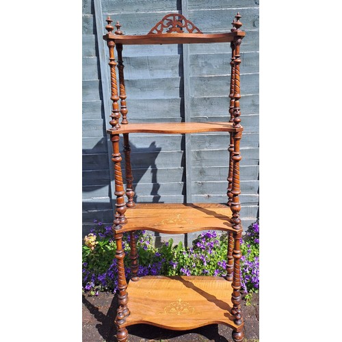 80 - A 19thC walnut four height whatnot with inlay to the graduating shelves. 140cm h x 53cm w x 32cm d.