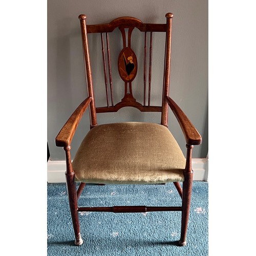 81 - Child’s armchair with upholstered seat and cockerel inlay to back. 71cm h to back, 33cm h to seat.