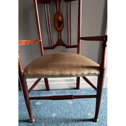 81 - Child’s armchair with upholstered seat and cockerel inlay to back. 71cm h to back, 33cm h to seat.