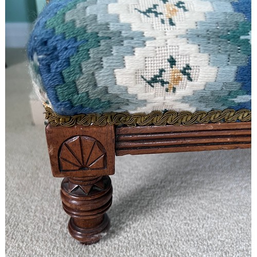 83 - A 19thC fender stool with woolwork top. 114cm l x 28cm w x 20cm h.