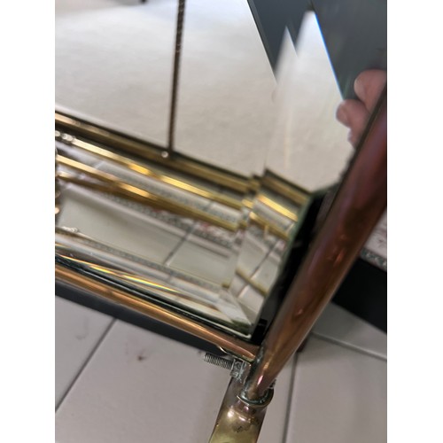 965 - Brass fender, 126cm x 38cm internal, mirrored fire guard 76cm h x 42cm w, fire irons to include poke... 