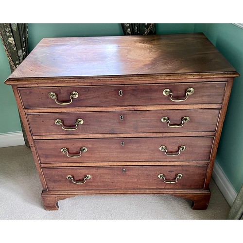 76 - A 19thC mahogany chest of 4 graduated drawers on bracket feet with brass swan necked handles. 89cm w... 