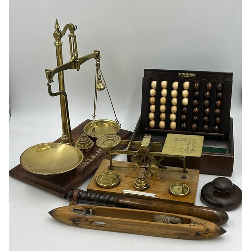 1263 - A miscellany to include a set of vintage brass postage scales by S. Mordan & Co., a set of brass and... 