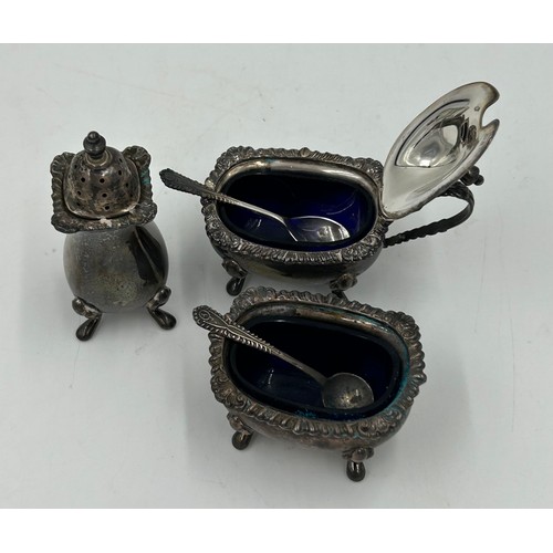 811 - Various hallmarked silver to include : cruet set  (mustard, salt and pepperette with blue liners), B... 