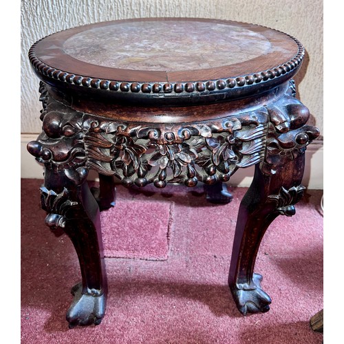 75 - A Chinese hardwood table with marble insert top. 46 h x 41cm d.