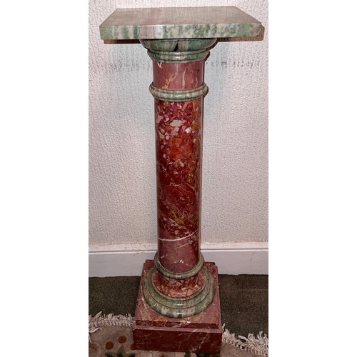 96 - A three section red and green marble pillar. 84cm h, top 24 x 24cm.