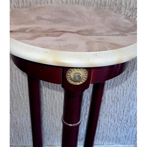 90 - French style table with marble style top. 30cm d x 84cm h.