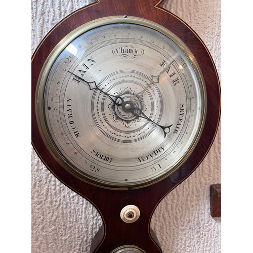 1265 - A mahogany 5 dial aneroid barometer, J. Ronchetti, Parliament St. York. 97cm h.