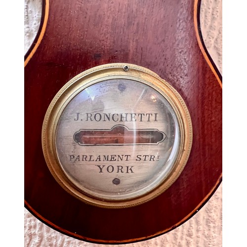 1265 - A mahogany 5 dial aneroid barometer, J. Ronchetti, Parliament St. York. 97cm h.