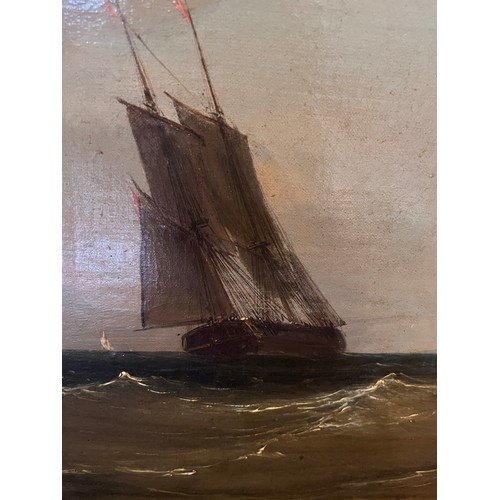 1403 - Oil on canvas, North East Coast, vessels at sea. 44 x 59cm.