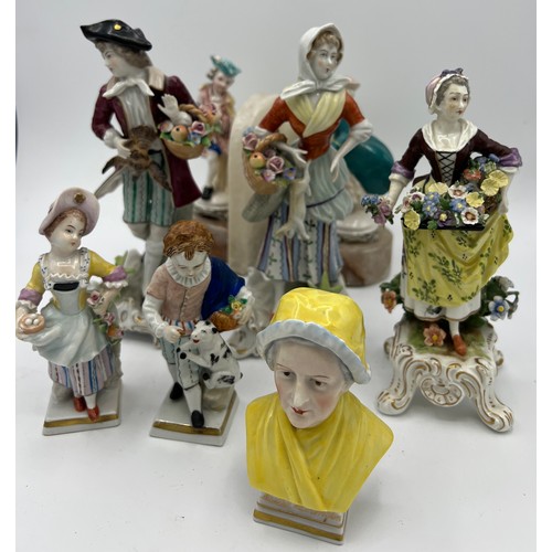 254 - Two pairs of Sitzendorf figures, 29cm h and 12cm h, together with four various continental figurines... 