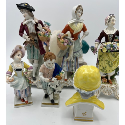 254 - Two pairs of Sitzendorf figures, 29cm h and 12cm h, together with four various continental figurines... 