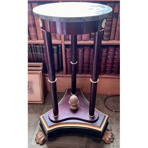 87 - French style side table with marble top and lions paw feet. 70cm h, top 30cm d.