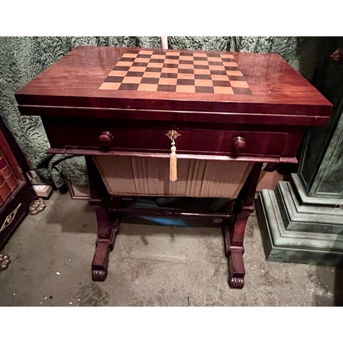 88 - A 19thC mahogany work/games table with fold over top and pull out drawer with chess table to top. 61... 