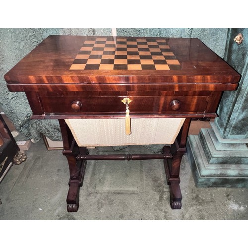 88 - A 19thC mahogany work/games table with fold over top and pull out drawer with chess table to top. 61... 