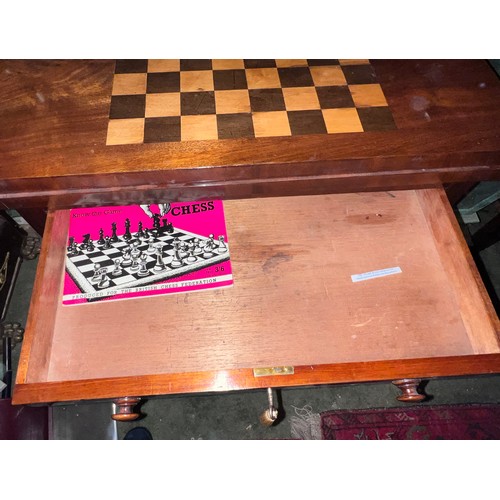 88 - A 19thC mahogany work/games table with fold over top and pull out drawer with chess table to top. 61... 