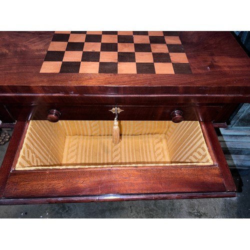 88 - A 19thC mahogany work/games table with fold over top and pull out drawer with chess table to top. 61... 