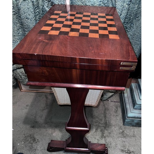 88 - A 19thC mahogany work/games table with fold over top and pull out drawer with chess table to top. 61... 