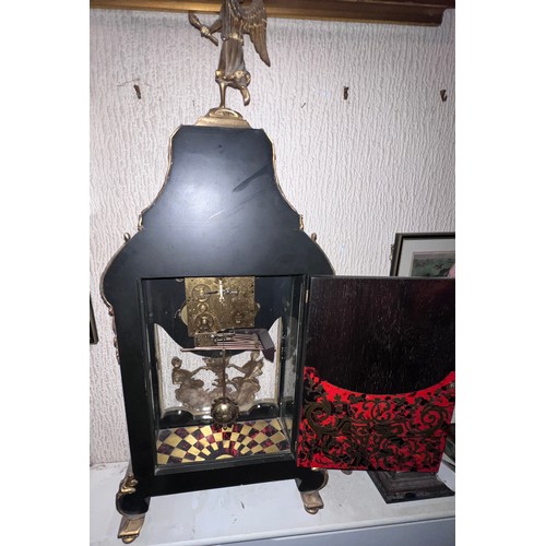 989 - A boulle mantel clock with brass mounts. Movement marked to back Lauris. 86cm h x 39cm w x 15.5cm d.