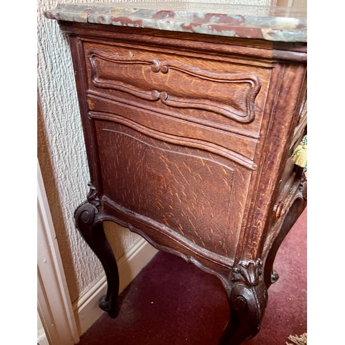 68 - An early 20thC French bedside cupboard with marble top. 81cm h x 43cm w x 43cm d.