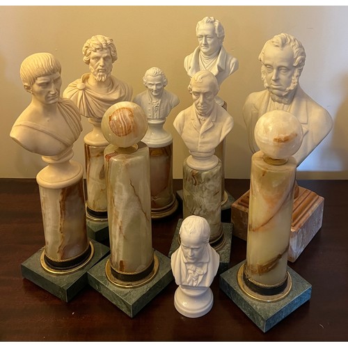 1272 - Seven various male political and classical busts in bisque and resin together with two onyx pillars ... 