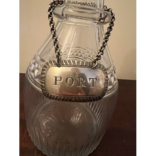 420 - A 19thC ring necked decanter 25cm h with Victorian silver Port label, maker Charles Rawlings and Wil... 