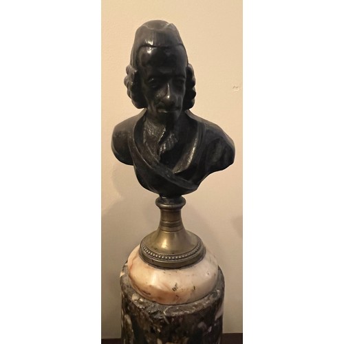 1273 - Four metal male busts including Voltaire mounted on marble plinths. Tallest 26cm h. Including plinth... 