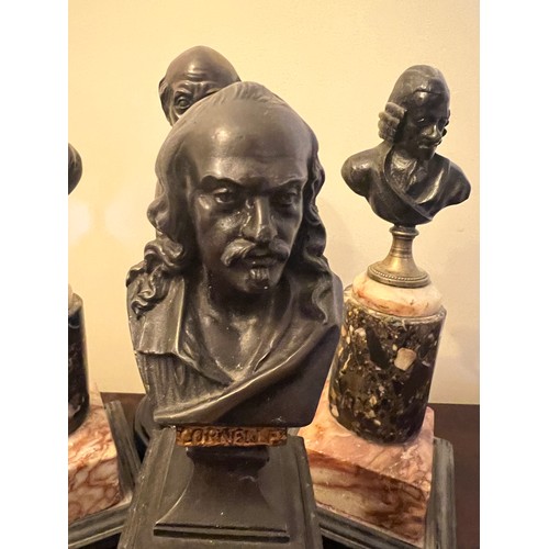 1273 - Four metal male busts including Voltaire mounted on marble plinths. Tallest 26cm h. Including plinth... 