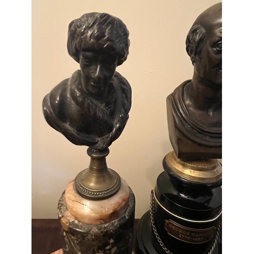 1273 - Four metal male busts including Voltaire mounted on marble plinths. Tallest 26cm h. Including plinth... 