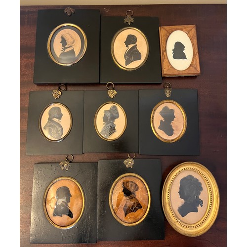 1381 - Nine various late 18th and early 19thC silhouettes to include two on wax.
3  x ( 8cm x 7cm) 5 x (9cm... 