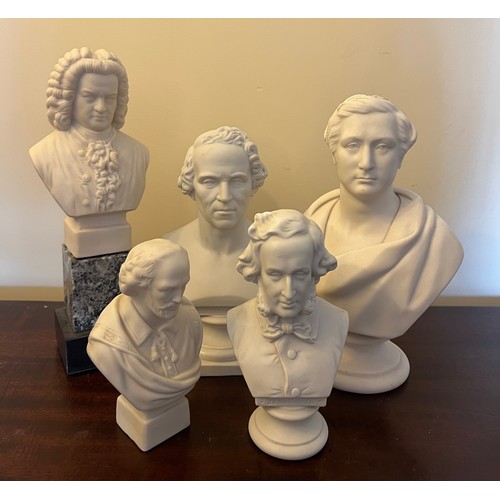 248 - Five various Parian ware and bisque busts to include Bach mounted on a granite plinth, Sir Robert Pe... 